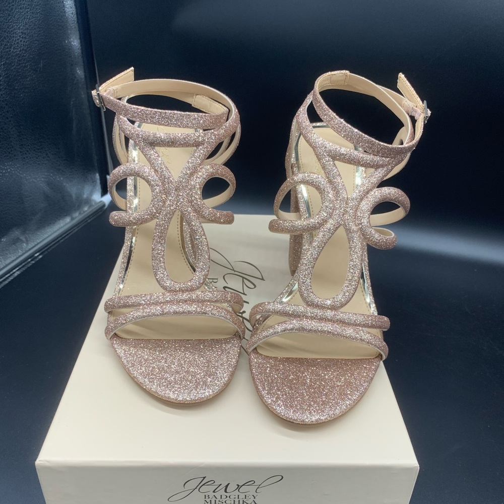 Badgley Mischka size 8.5 sparkly rose gold heels with ankle strap